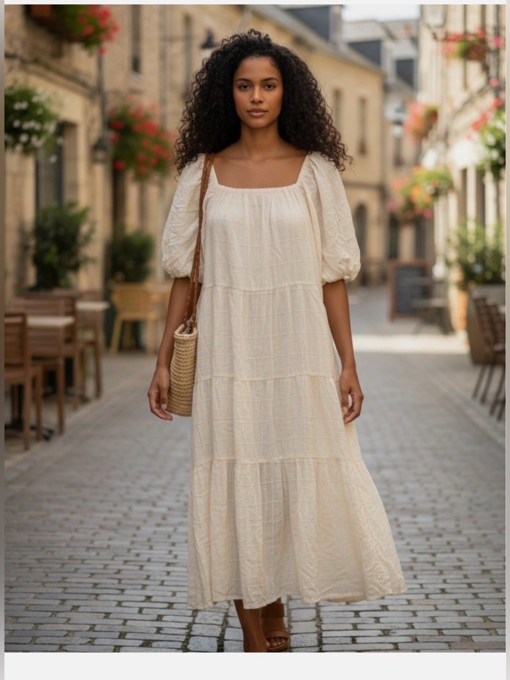 Mango Cream Puff-Sleeve Tiered Midi in Soft Cream
